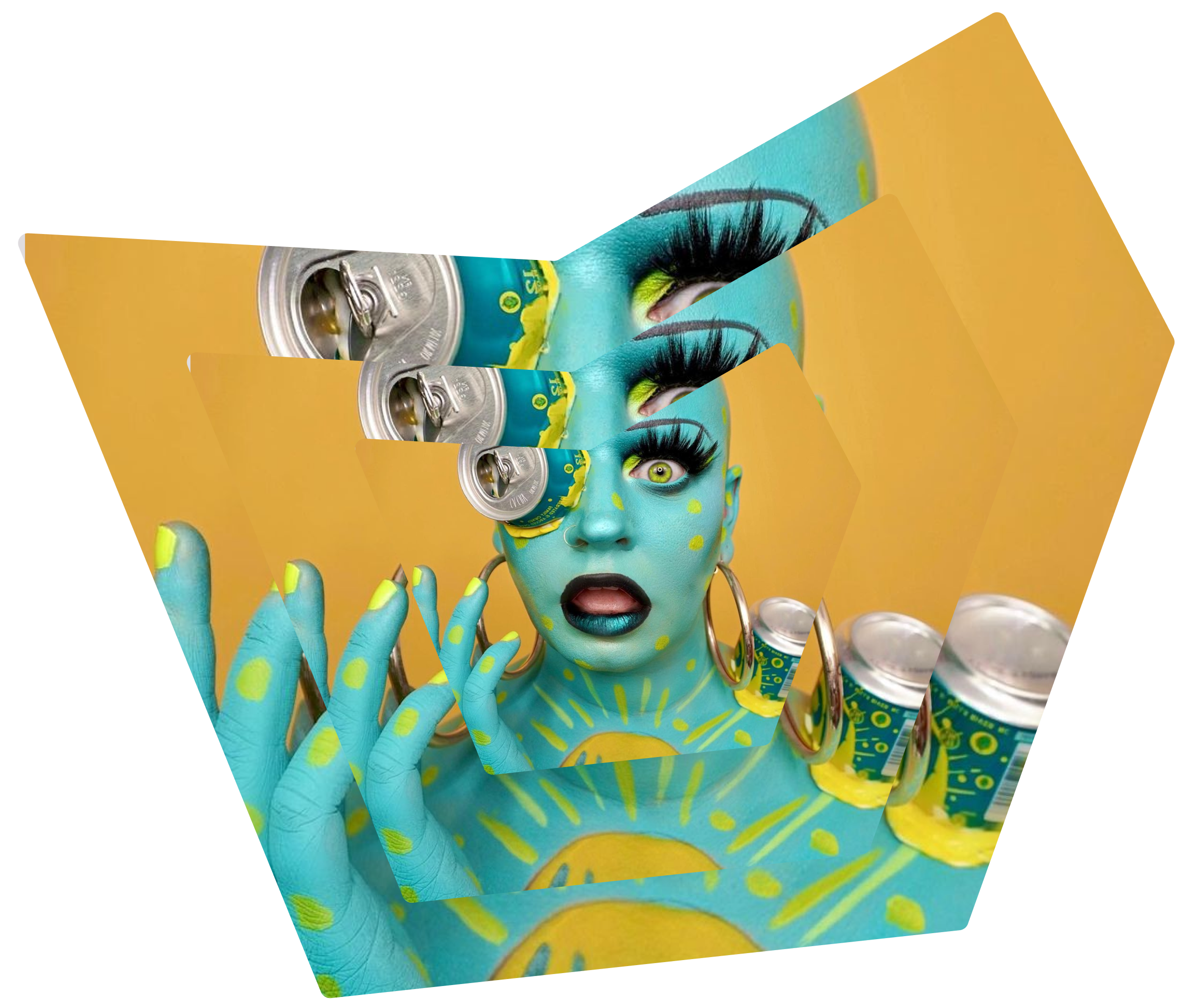 Influencer with Sierra Nevada cans sticking out of their body with full body paint in teal and yellow to match the cans.